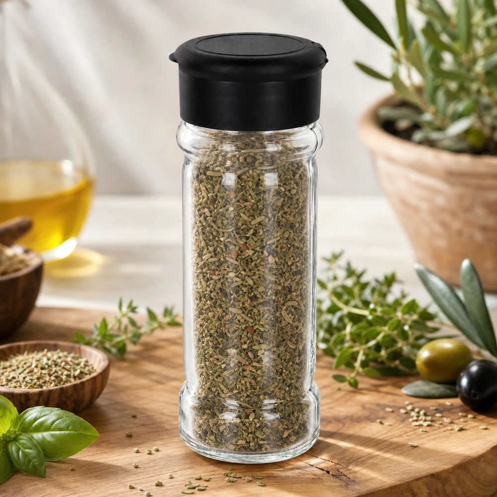 Dóza na sůl/koření 100ml s mlýnkem Vario černá Kompaktes Kräuterstreuer-Glas 100ml aus Glas mit mattschwarzem Deckel auf Holzunterlage
