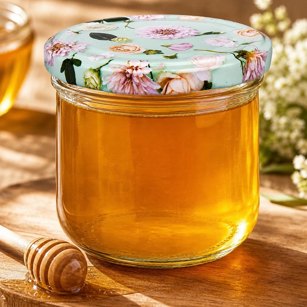 260ml Sturzglas mit BasicSeal Blumendeckel mint gefüllt mit goldenem Honig, Honiglöffel aus Holz daneben