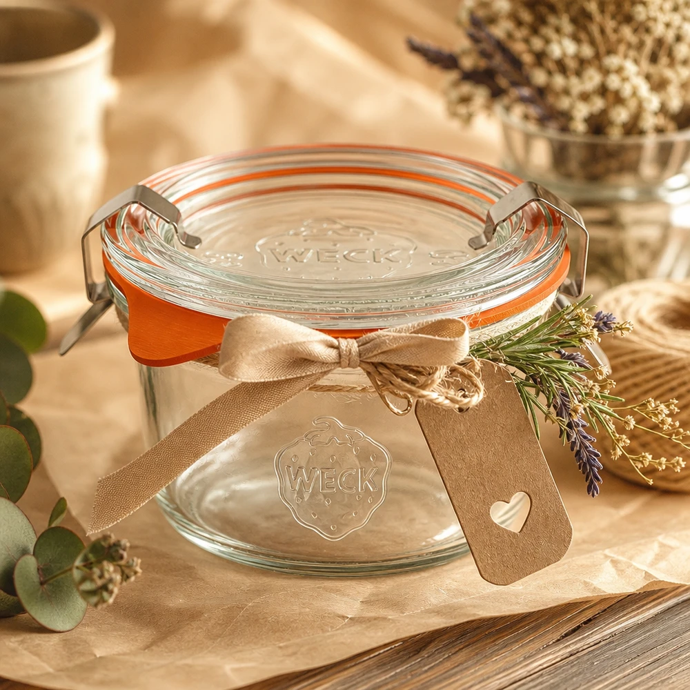 50ml bublinkové sklenice kompletní WECK RR60 WECK 50ml Sturzglas RR60 dekorativ arrangiert mit Schleife und Lavendel als Geschenkidee auf rustikalem Holztisch