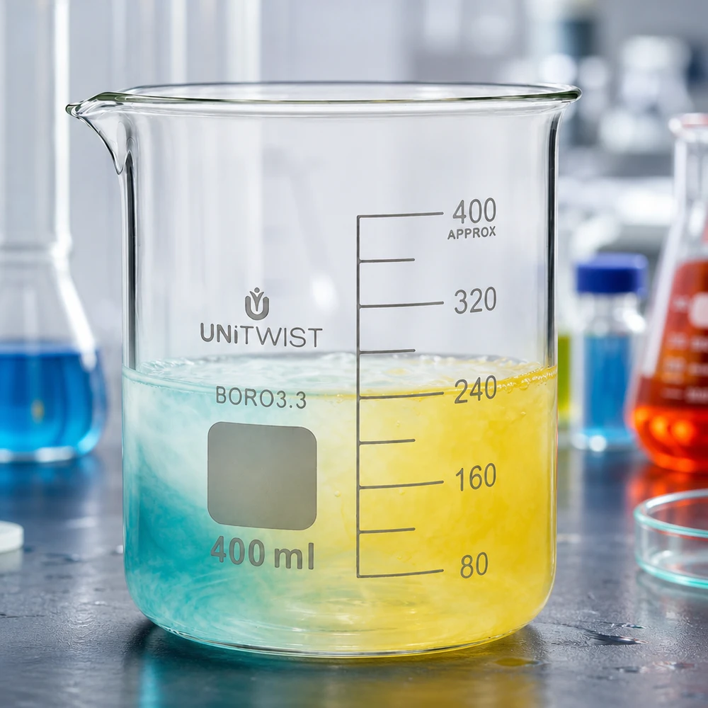 Kádinka 400 ml borosilikátová, nízká forma UNiTWIST Becherglas 400ml Boro3.3 niedrige Form ideal für Laborreaktionen und Flüssigkeitsmessung