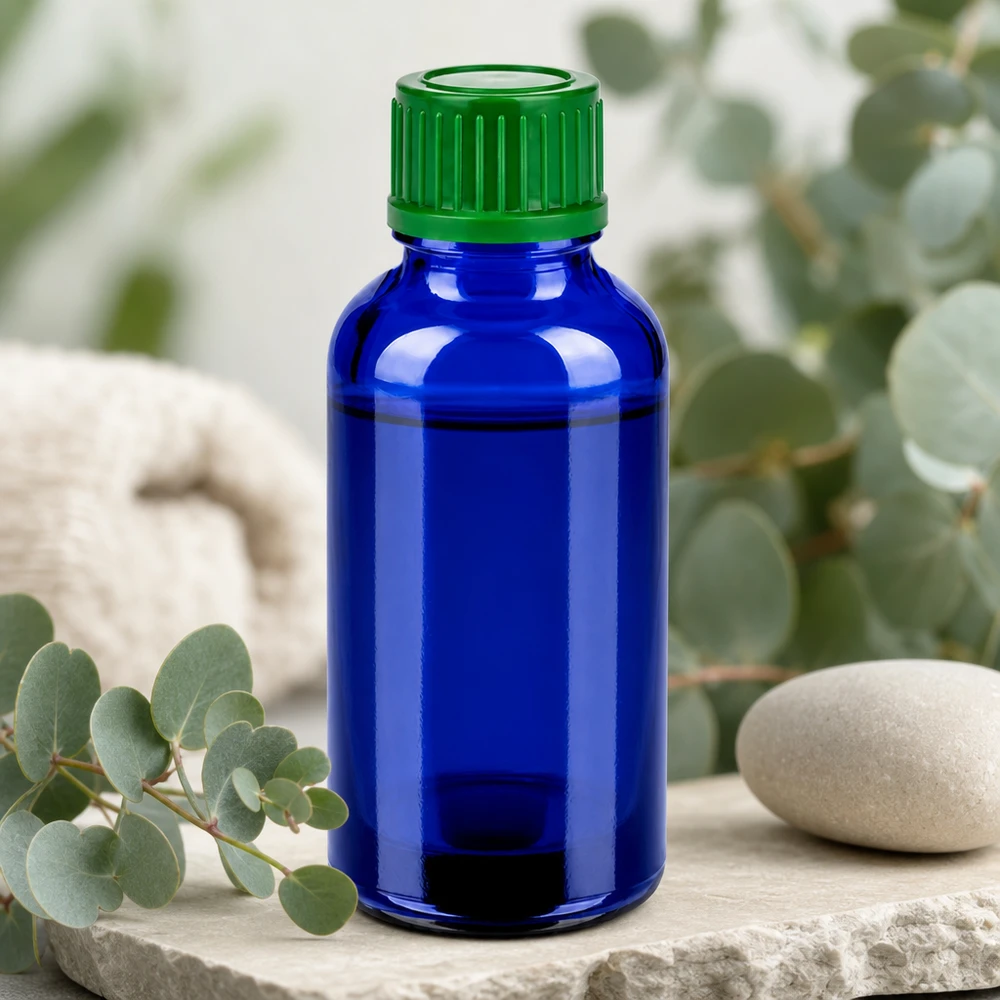 30ml láhev 11mm šroubovací uzávěr zelený standard BlueLine UT18/30 30ml Glasflasche mit lichtschützendem Design perfekt für empfindliche Wirkstoffe