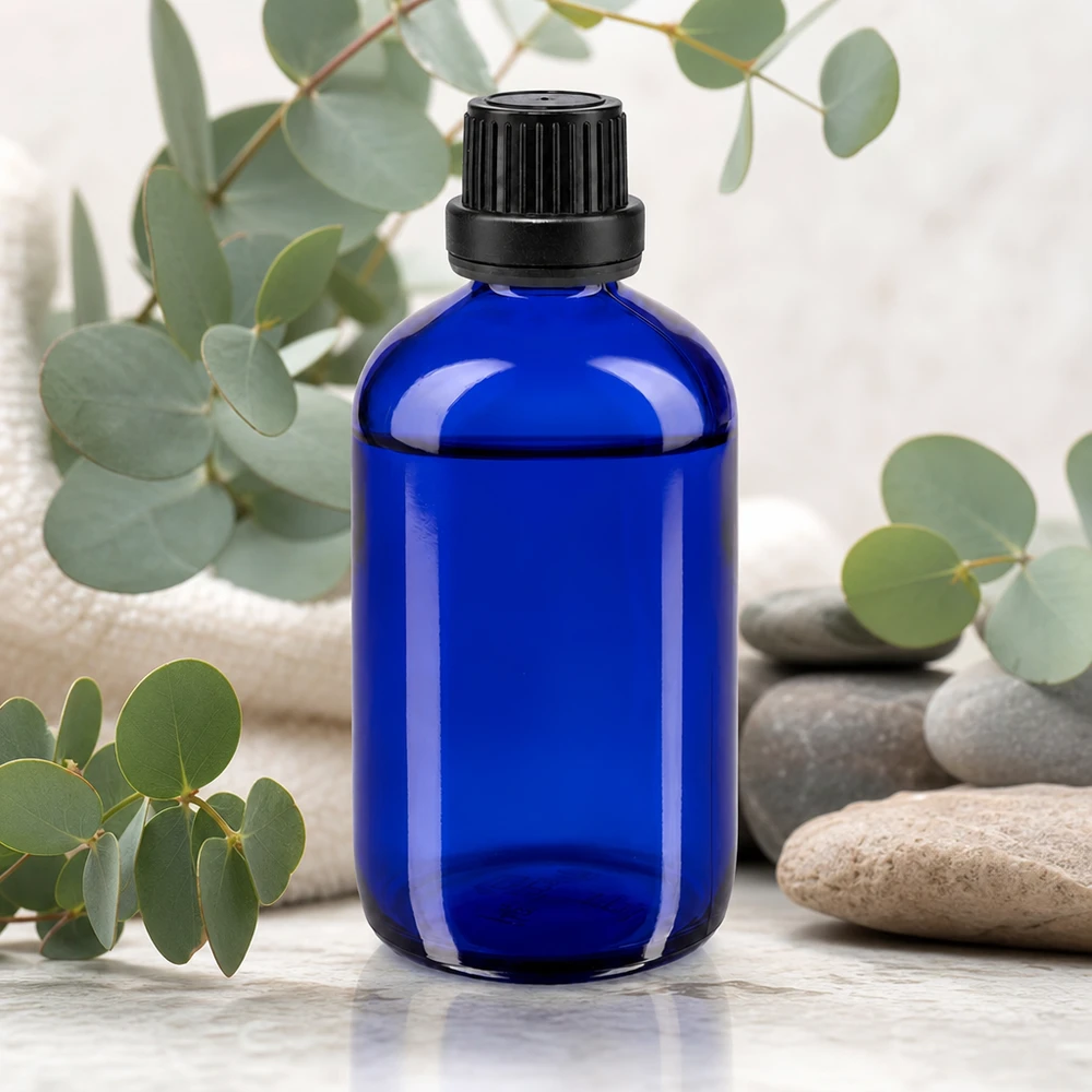 Lékárenská láhev modrá 100ml šroubovací uzávěr černý tamper evident uzávěr. Hochwertige blaue Apoflasche 100ml aus Glas mit 11mm Schraubverschluss für Öle