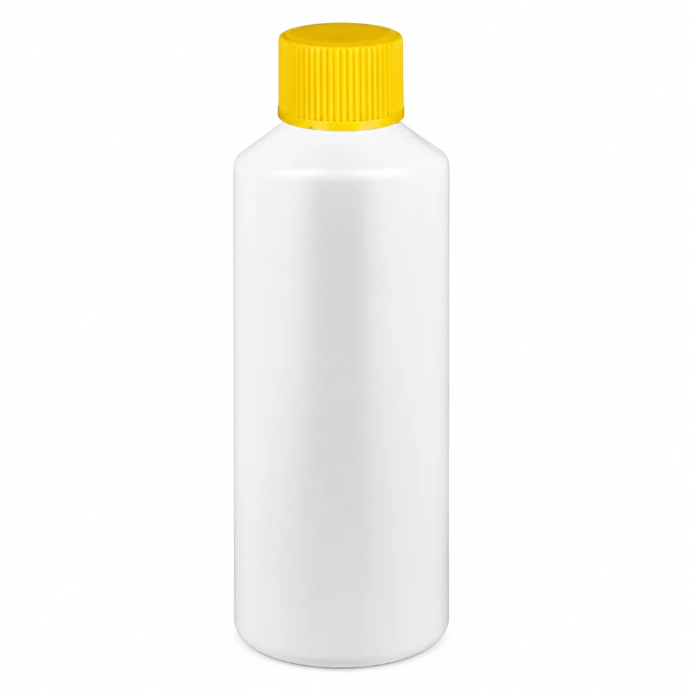 Bílá lékárenská lahvička z HDPE o objemu 100 ml se žlutým šroubovacím uzávěrem