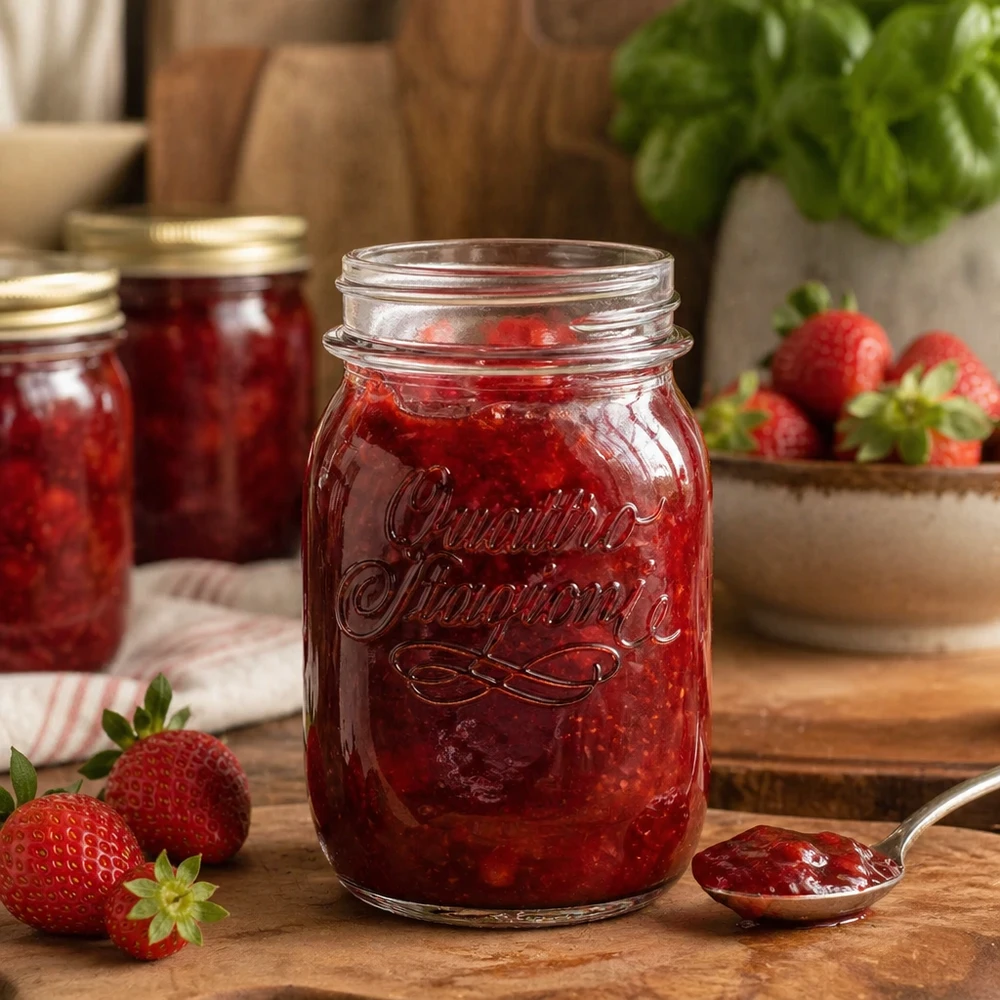 500ml Quattro Stagioni Haushaltsglas mit Erdbeermarmelade gefüllt auf Holztisch mit frischen Erdbeeren
