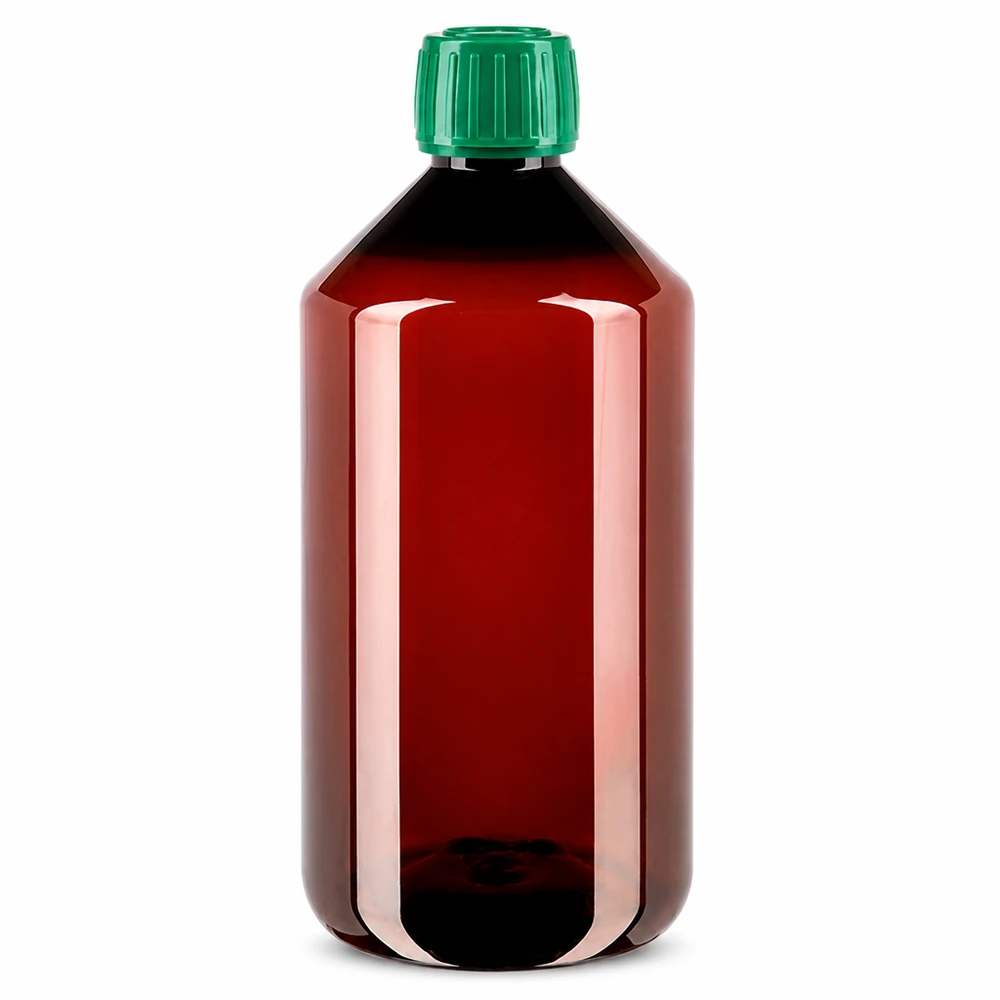 PET láhev 750 ml, hnědá, se zeleným originálním uzávěrem pro farmaceutický a chemický průmysl