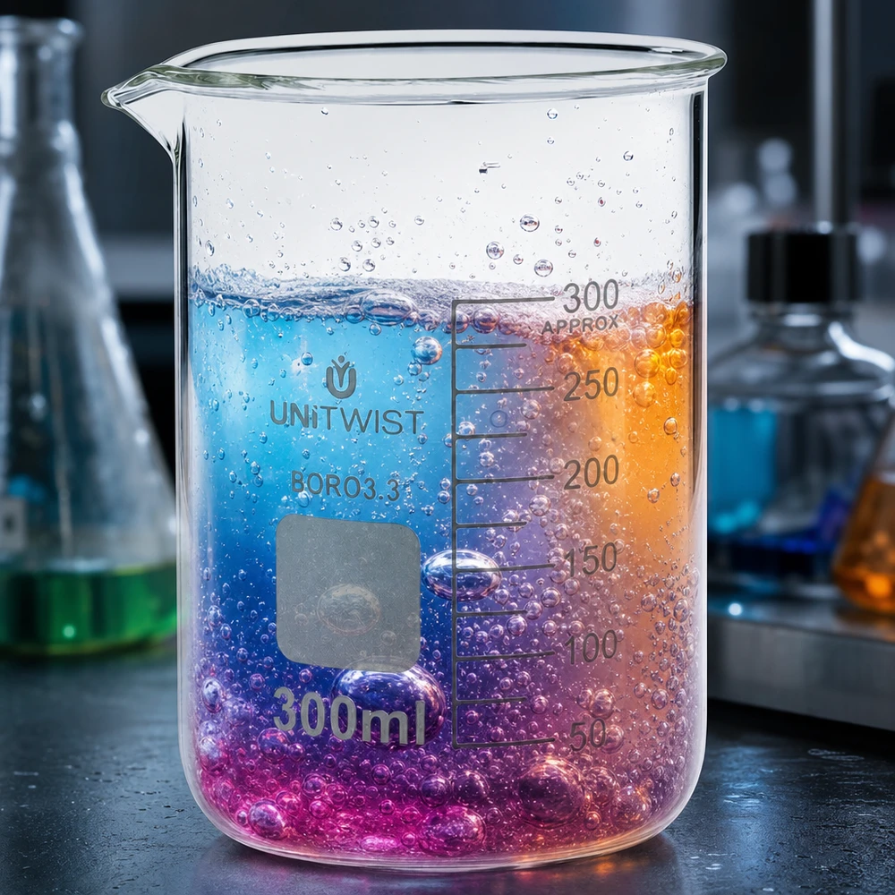 Kádinka 300 ml borosilikátová, nízká forma UNiTWIST Transparentes Borosilikat Laborbecherglas 300ml mit pink-blau-orangefarbenem Flüssigkeitsinhalt