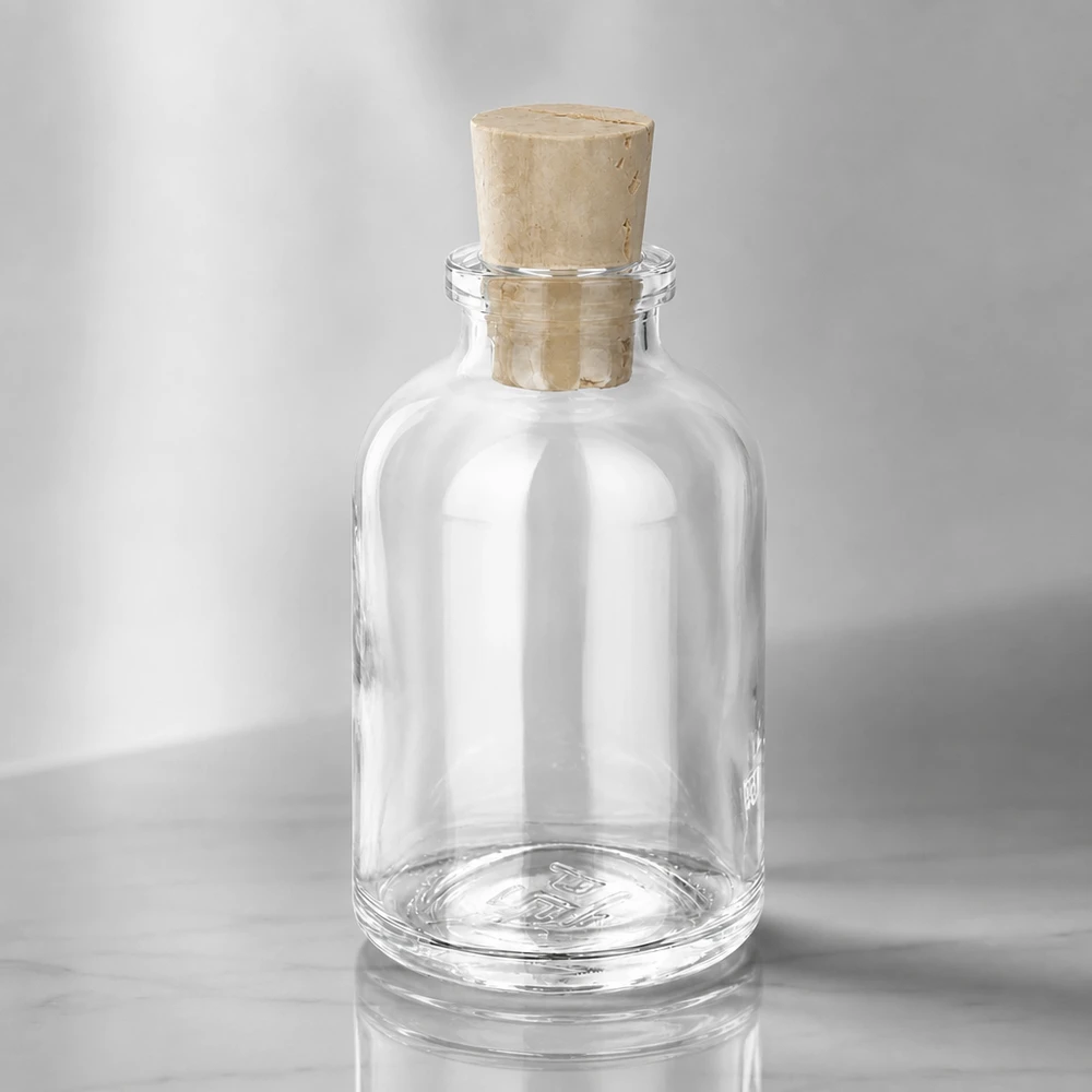 Lahvička z bezbarvého skla 50ml se zátkou 11/14mm Hochwertige Glasflasche 50ml mit luftdichtem Korken 11/14mm seitliche Ansicht