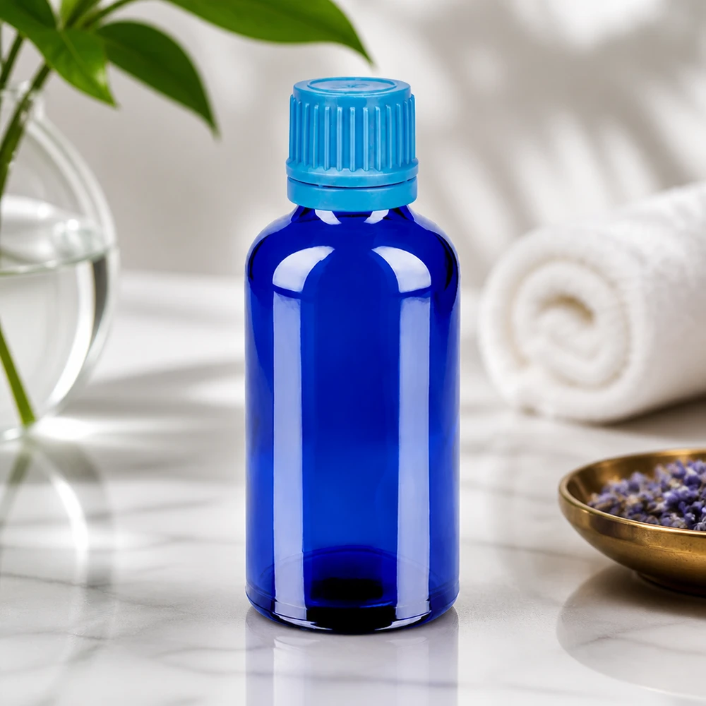 50ml láhev 11mm šroubovací uzávěr modrý uzávěr s ochranou proti manipulaci BlueLine UT18/50 50ml Qualitätsflasche aus dickem blauen Glas mit auslaufsicherem Verschlusssystem BlueLine