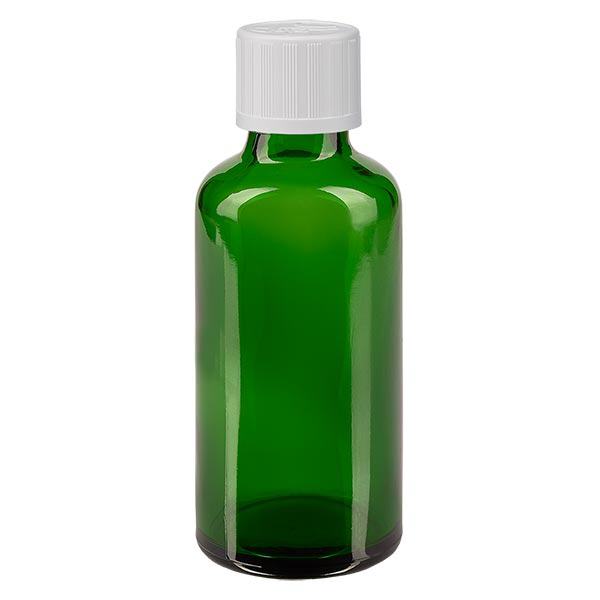 Lékárenská lahvička zelená 50ml kapátko uzávěr bílý standard odolný proti otevření dětmi.