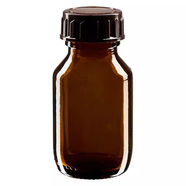 Hnědá lahvička na léky 50 ml, s hnědým uzávěrem ApoGlas.