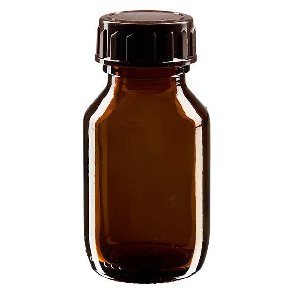 Hnědá lahvička na léky 50 ml, s hnědým uzávěrem ApoGlas. Hnědá lahvička na léky 50 ml, s hnědým uzávěrem ApoGlas.