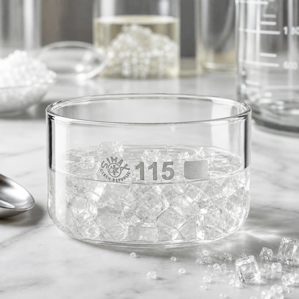 500ml krystalizační miska bez výlevky borosilikátová ø115mm SIMAX Glasschale 115mm Durchmesser niedrige Bauform mit körnigem Kristallinhalt im Laborset