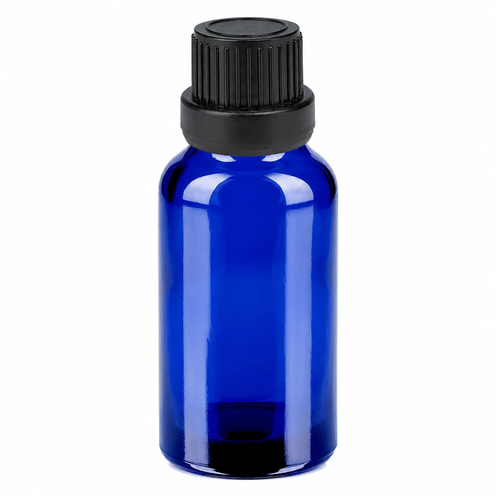 20ml pharmazeutische Glasflasche blau mit kindersicherem schwarzem Schraubverschluss