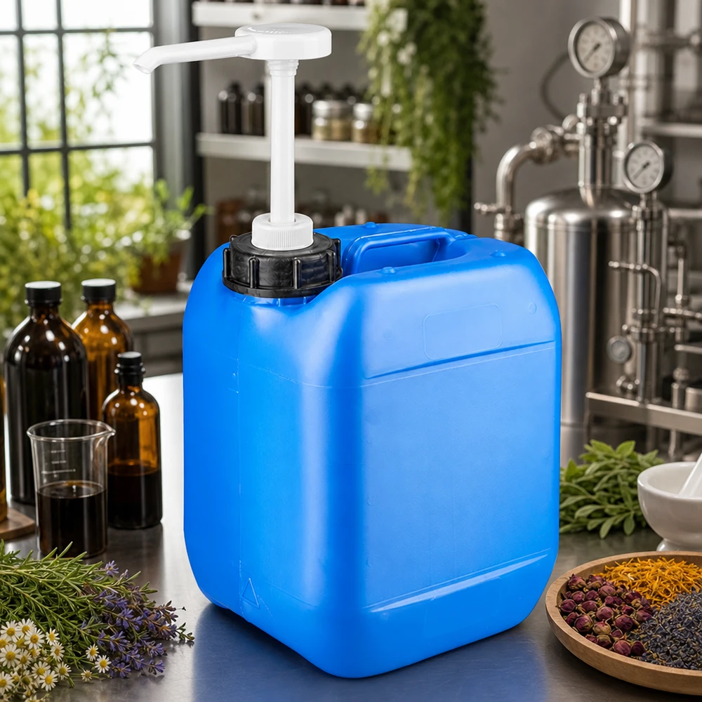 Kanystr 5 litrů modrý s dávkovacím čerpadlem Kanister 5 Liter mit schwarzem Deckel und weißer Pumpe in botanischer Manufaktur