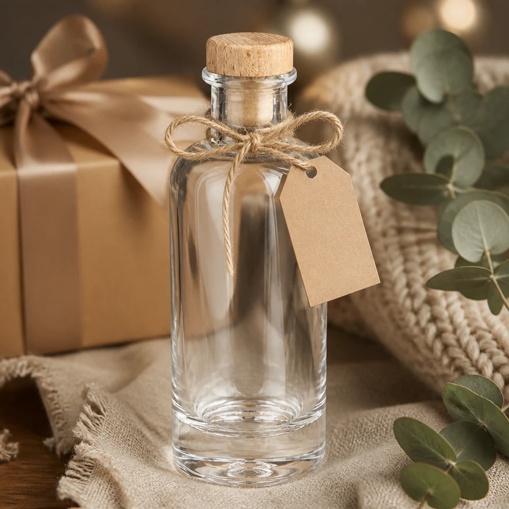 200ml Glasflasche Ella leer mit Holzkorken und Geschenkanhänger dekorativ arrangiert mit Eukalyptus und Geschenkbox