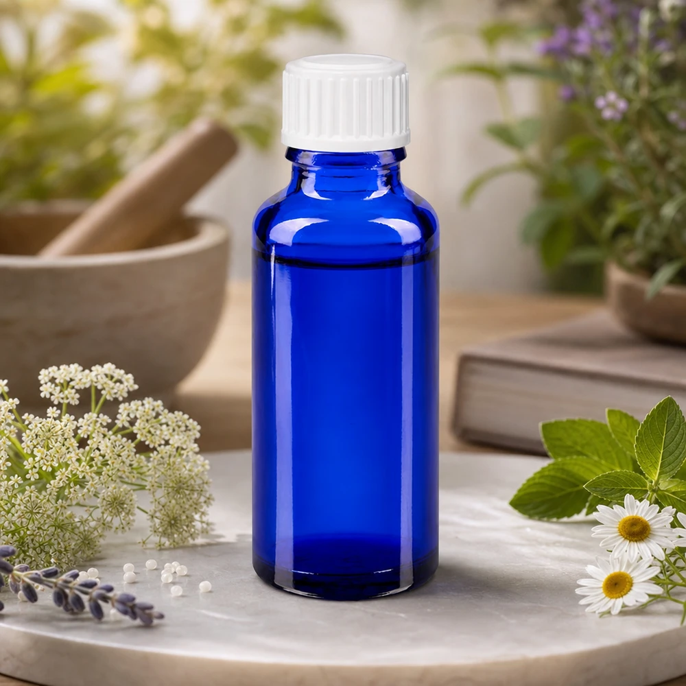 Lékárenská lahvička modrá 30ml šroubovací uzávěr bílá standardní Apothekerflasche Blauglas 30ml weißer Verschluss 11mm für ätherische Öle und Tinkturen