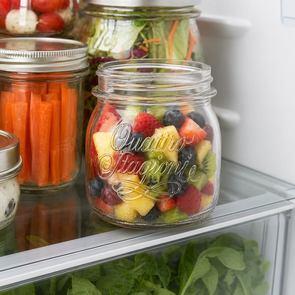 250ml kulatá zavařovací sklenice "Quattro Stagioni" QS70mm 250ml Quattro Stagioni Einmachglas mit buntem Obstsalat im Kühlschrank - perfekt für Meal Prep und Vorratshaltung