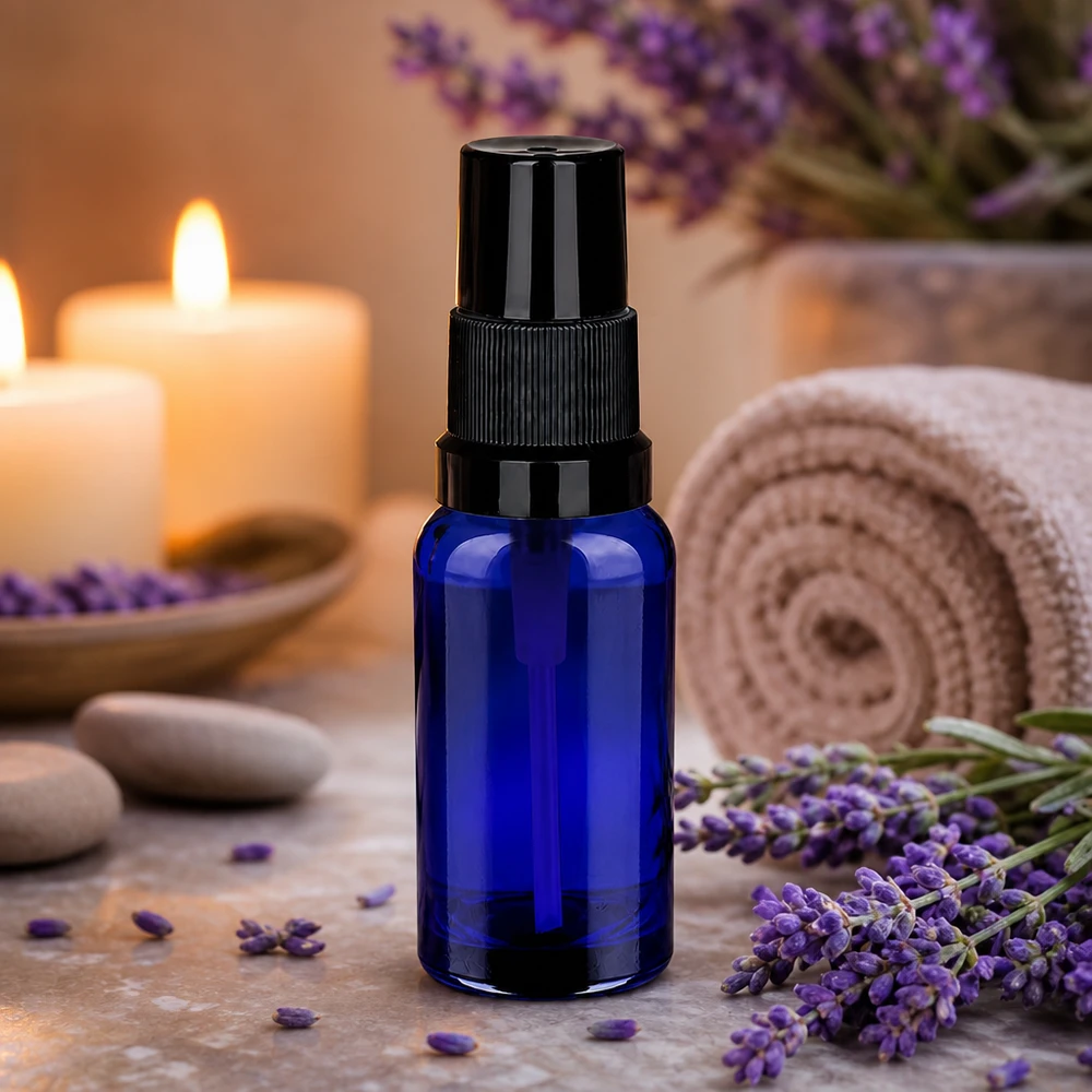 20ml lahvička s rozprašovačem černá standardní uzávěr BlueLine UT18/20 Vielseitige 20ml Glassprayflasche in Blau für Parfum Raumspray und natürliche Essenzen