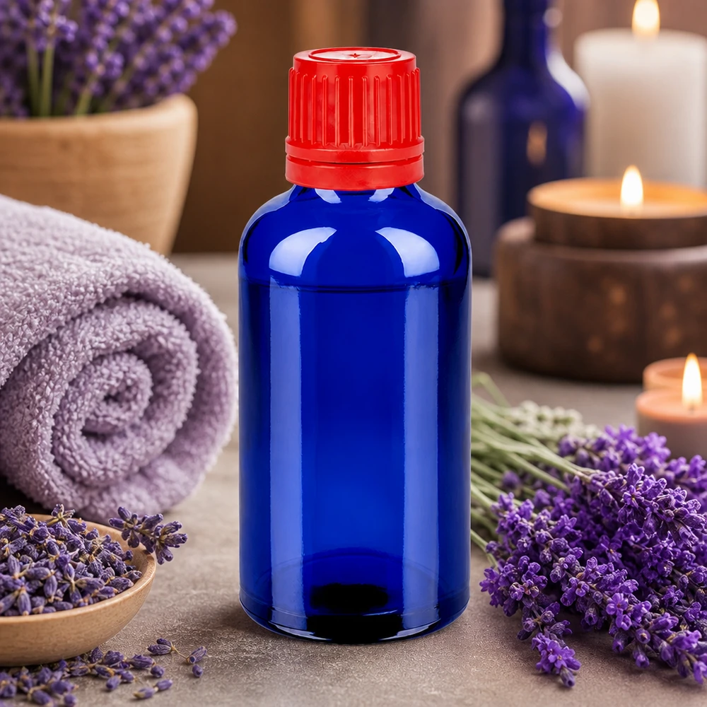 50ml láhev 11mm šroubovací uzávěr červený tamper-evidentní uzávěr BlueLine UT18/50 Runde 50ml Glasflasche blau mit rotem Schraubdeckel 11mm SV OV BlueLine UT18/50