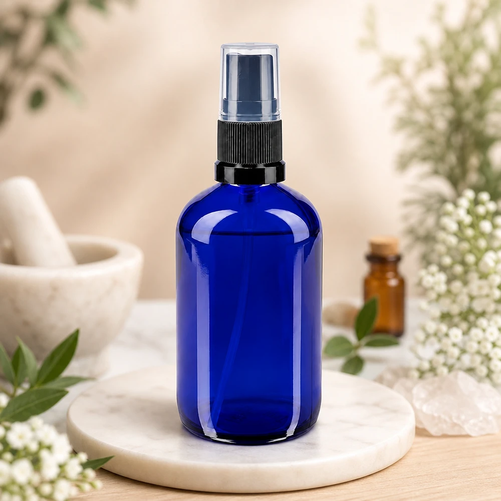 Lékárenská lahvička modrá 100ml rozprašovací víčko černá Professionelle 100ml Glassprayflasche in Kobaltblau mit schwarzem Pumpkopf für Naturkosmetik
