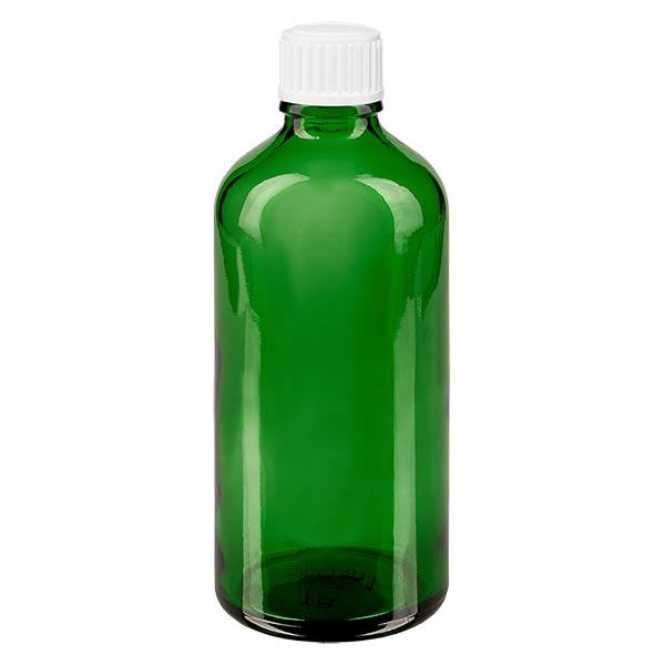 Lékárenská láhev zelená 100ml kapátko uzávěr bílý 0,8mm standardní Lékárenská láhev zelená 100ml kapátko uzávěr bílý 0,8mm standardní