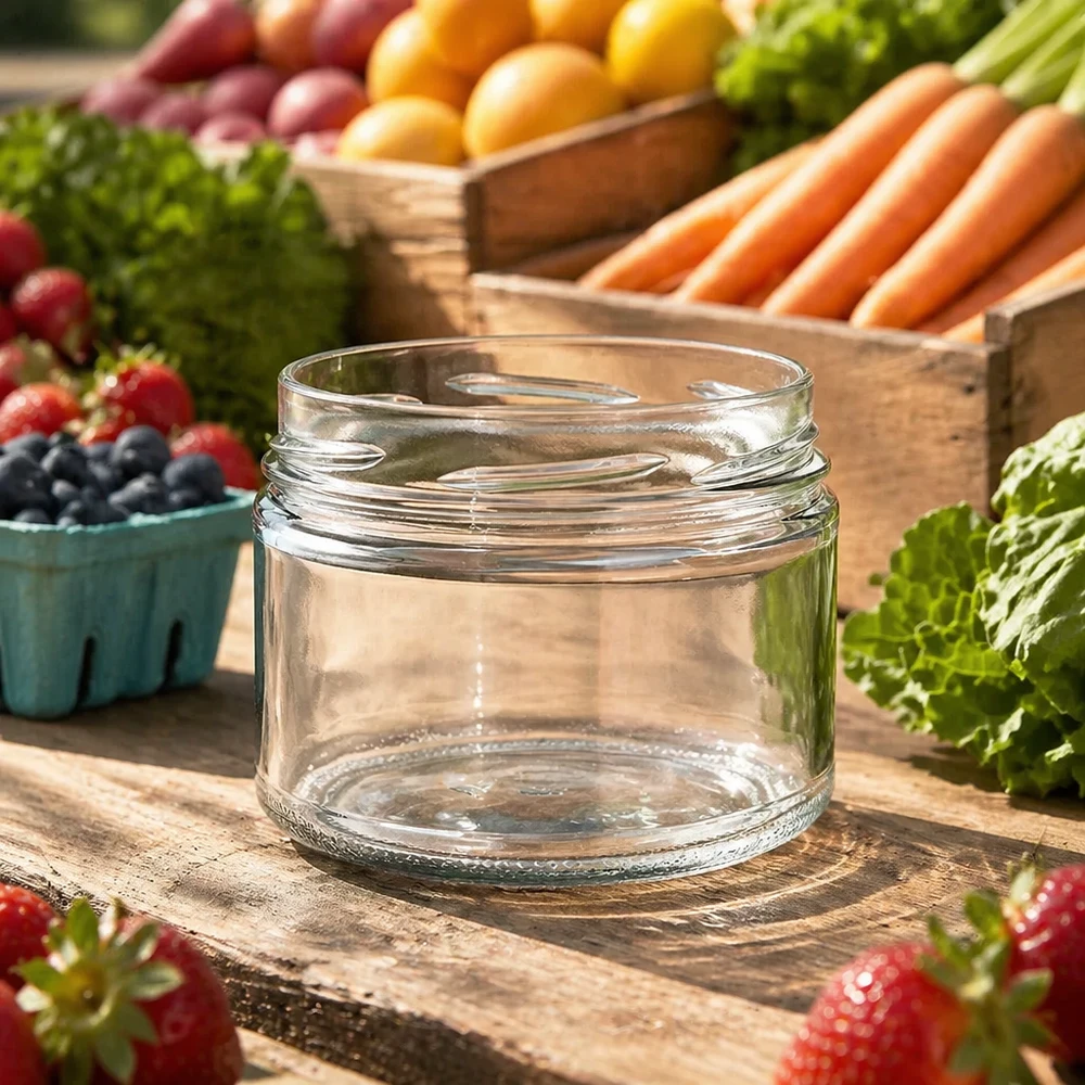 Kulatá sklenice o objemu 540 ml bez víčka (TO100) UNiTWIST Leeres UNiTWIST Runda540 Sturzglas 540ml TO100 auf Holztisch mit frischem Obst und Gemüse im Hintergrund