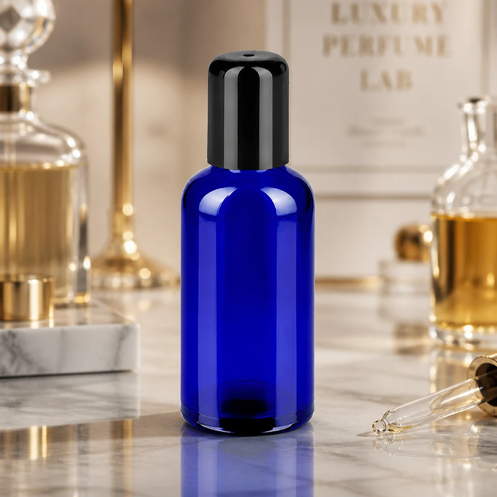 50ml roll-on lahvička černá standardní uzávěr BlueLine UT18/50 Ergonomische Roll-On Flasche 50ml STD BlueLine UT18/50 mit griffiger Oberfläche und stabilem Stand