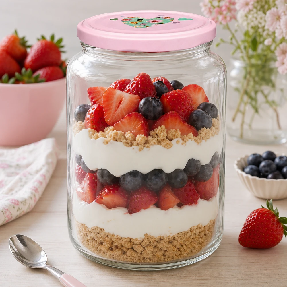 795ml kulatá sklenice + víčko BasicSeal srdíčková růžová UNiTWIST Rundglas 795ml mit rosa Herzdeckel gefüllt mit Beeren-Schichtdessert Parfait Anwendungsbeispiel für Desserts und Süßspei