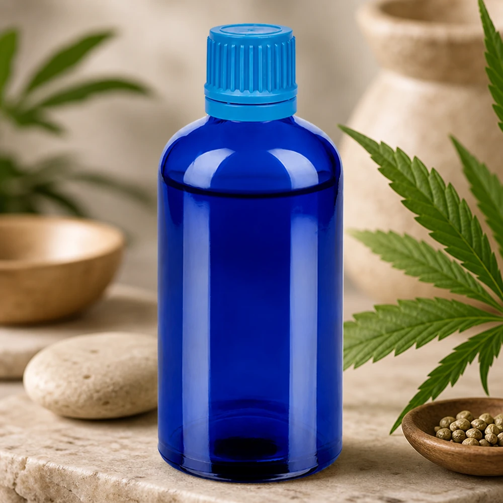 100ml láhev 11mm šroubovací uzávěr modrý uzávěr s ochranou proti manipulaci BlueLine UT18/100 Sterile 100ml blaue Glasflasche mit Erstöffnungsschutz ideal für pharmazeutische Anwendungen