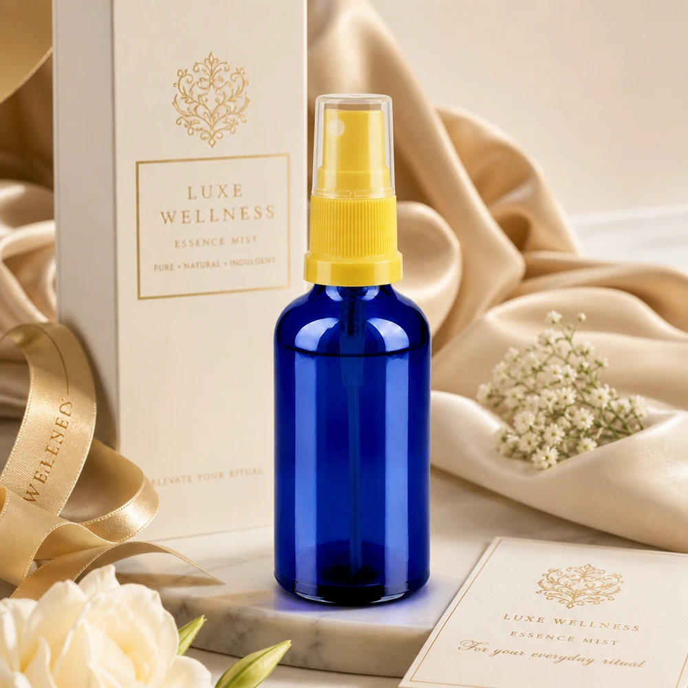 50ml lahvička s rozprašovačem žlutá/transparentní standardní uzávěr BlueLine UT18/50 Wiederbefüllbare 50ml Sprayflasche aus Glas - nachhaltige Alternative für Zero Waste Beauty Routine