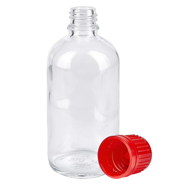 100ml láhev 11mm šroubovací uzávěr červený uzávěr ClearLine UT18/100 Zylindrische 100ml Klarglasflasche UT18 ClearLine mit separatem roten Schraubverschluss