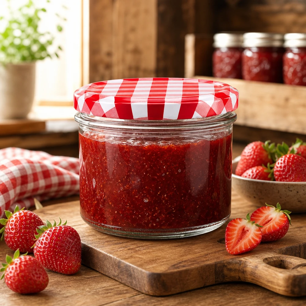 225ml kelímky + víčko BasicSeal červené/bílé UNiTWIST 225ml Sturzglas mit Erdbeermarmelade und rot-weiß kariertem Deckel neben frischen Erdbeeren auf Holzbrett