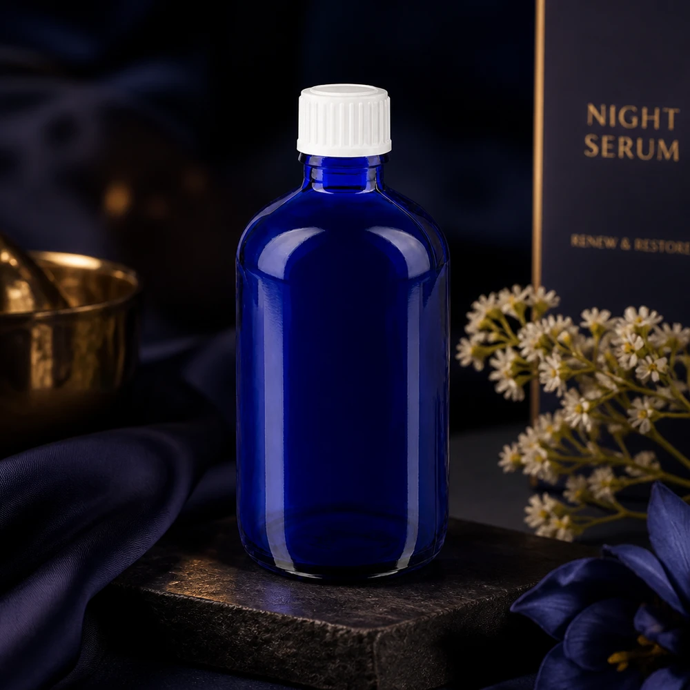 Blaue 100ml Apothekerflasche mit weißem Verschluss neben Blumen und Nachtserum Box
