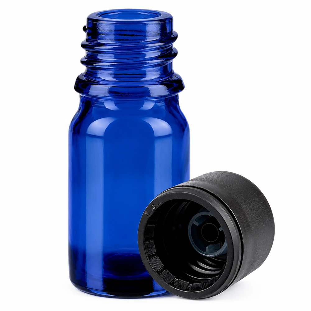 Lahvička 5ml 11mm šroubovací uzávěr černý BlueLine UT18/5 s ochranným uzávěrem proti manipulaci Professionelle 5ml Flasche aus blauem Glas mit Schraubgewinde für Medizin und Chemie