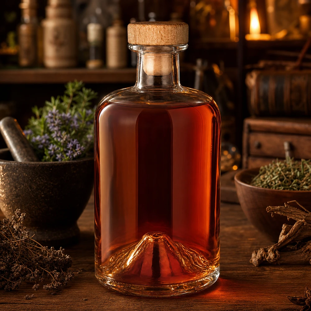 500ml Apothekenflasche "Classic" mit Holzgriffkorken UNiTWIST® 500ml Glasflasche Sofia UNiTWIST gefüllt mit bernsteinfarbener Flüssigkeit in rustikaler Küchenumgebung mit Kräutern
