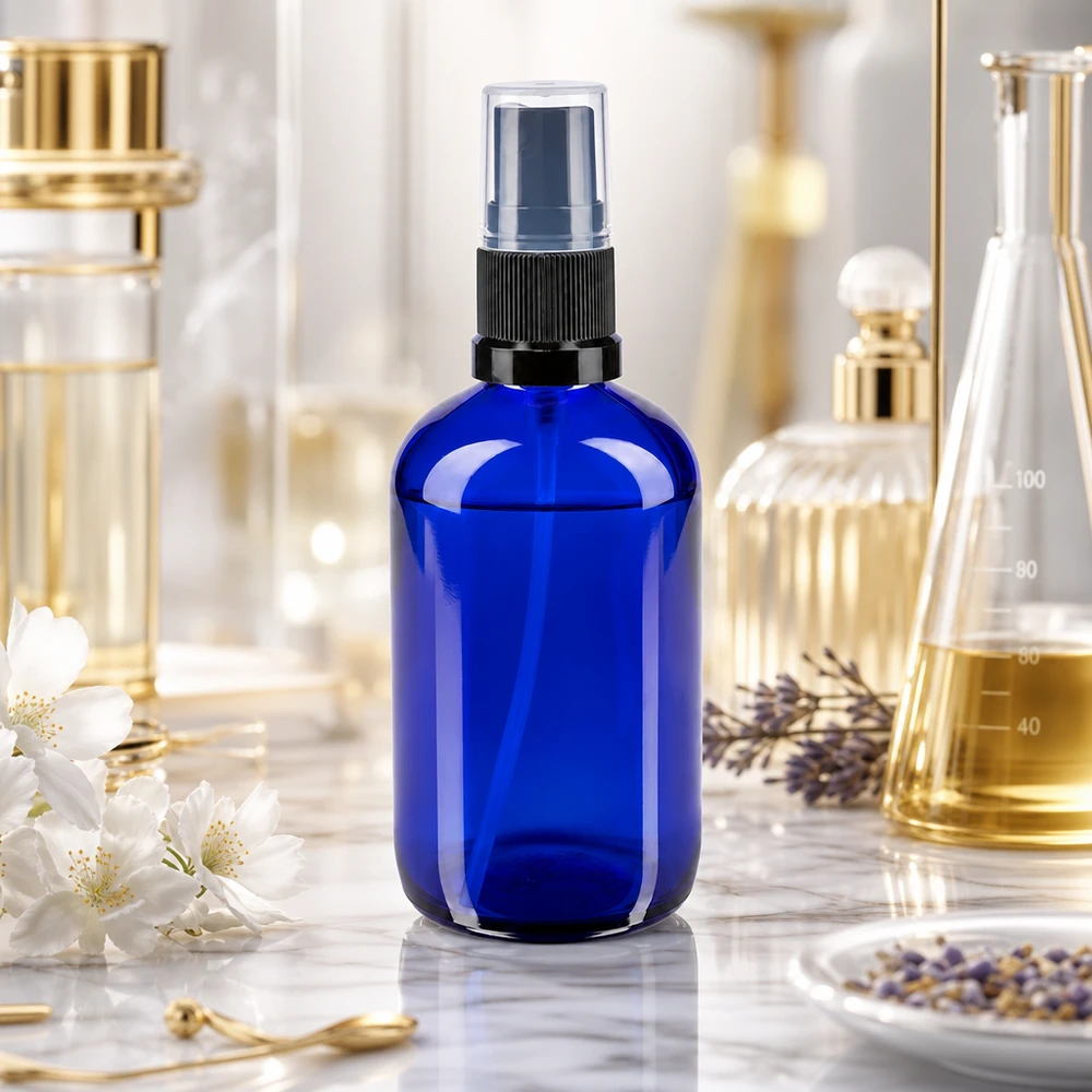 Blaue STD Glassprayflasche 100ml mit Lavendel und Messkolben in professionellem Kosmetiklabor