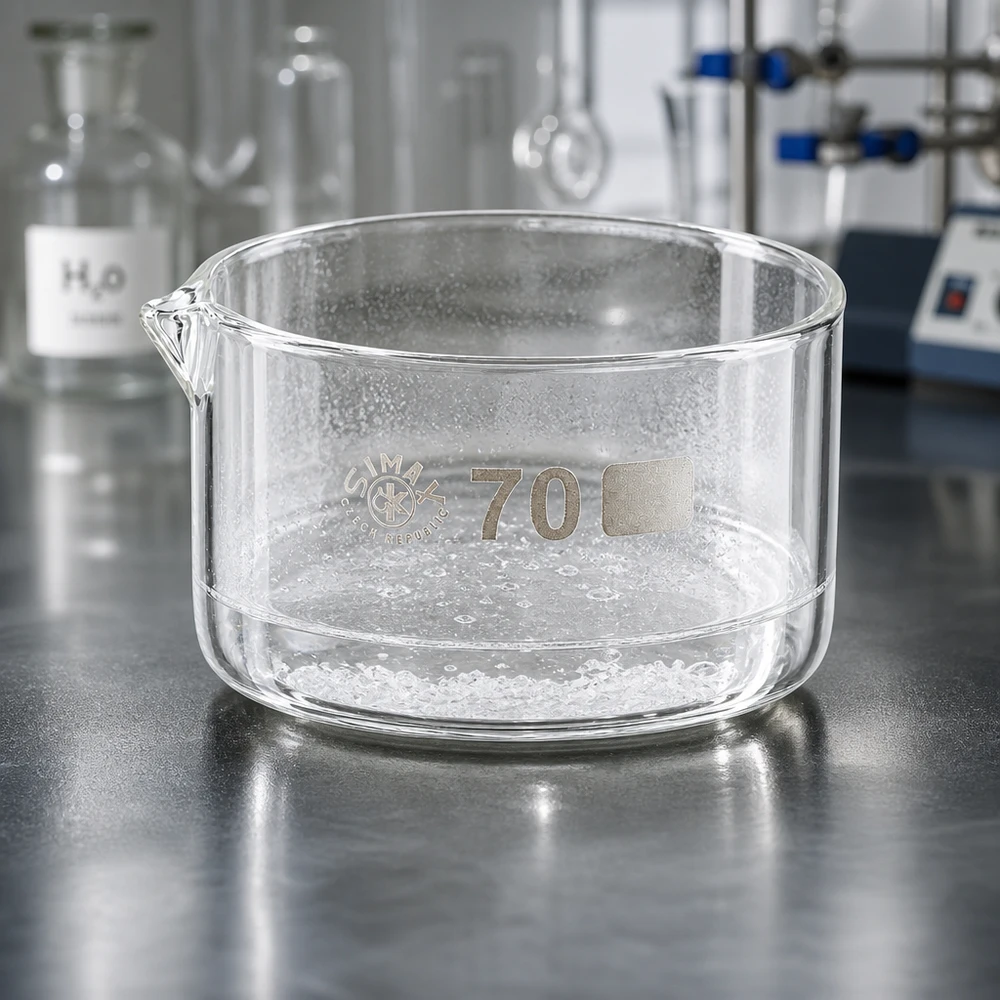 100ml krystalizační miska s výlevkou borosilikátová ø70mm Niedrige Borosilikatglas Schale 70mm mit Ausguss im professionellen Laborumfeld mit Glasgeräten