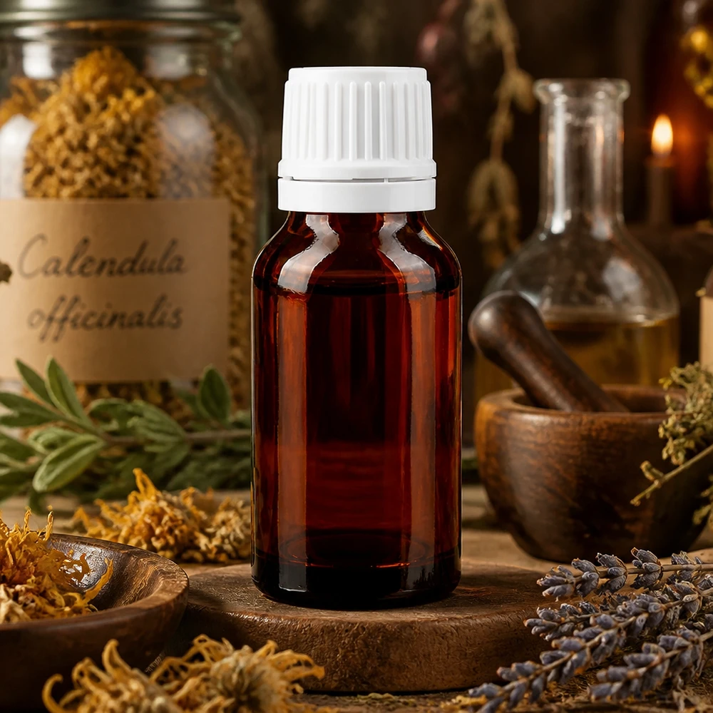 Lékárenská láhev hnědá 15ml se šroubovacím uzávěrem bílá s ochranným uzávěrem proti neoprávněné manipulaci Hermetisch verschlossene Apothekenflasche 15ml braun weiß für Kräuterextrakte und Tinkturen