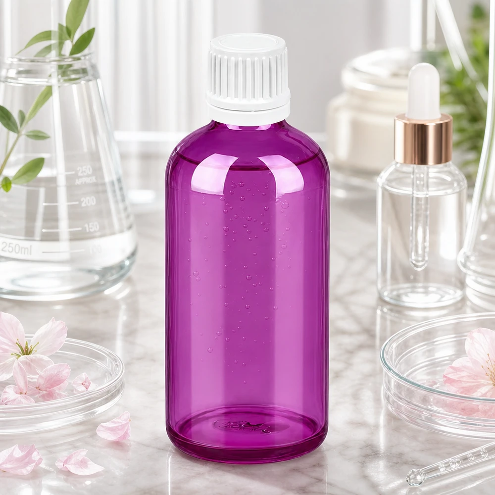 Violette 100ml Glasflasche mit UT18 Gewinde und weissem Schraubdeckel für pharmazeutische Zwecke