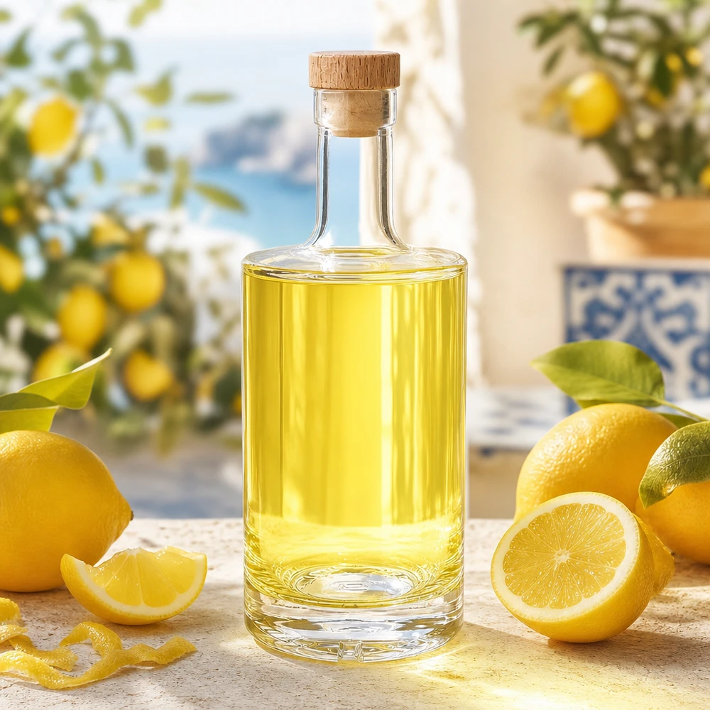 500ml Glasflasche "Passion" mit Holzgriffkorken UNiTWIST® 500ml Glasflasche Nora mit Zitronenlikör befüllt mediterrane Deko Holzkorken UNiTWIST Zitrusfrüchte