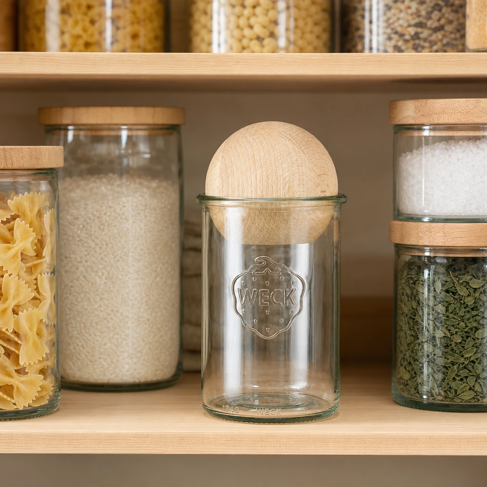 1000ml tumblery WECK RR100 s dřevěnou kuličkou buk WECK Vorratsglas 1000ml RR100 mit Buchenkugel in moderner Küche zwischen Pasta, Reis und Gewürzen zur stilvollen Aufbewa