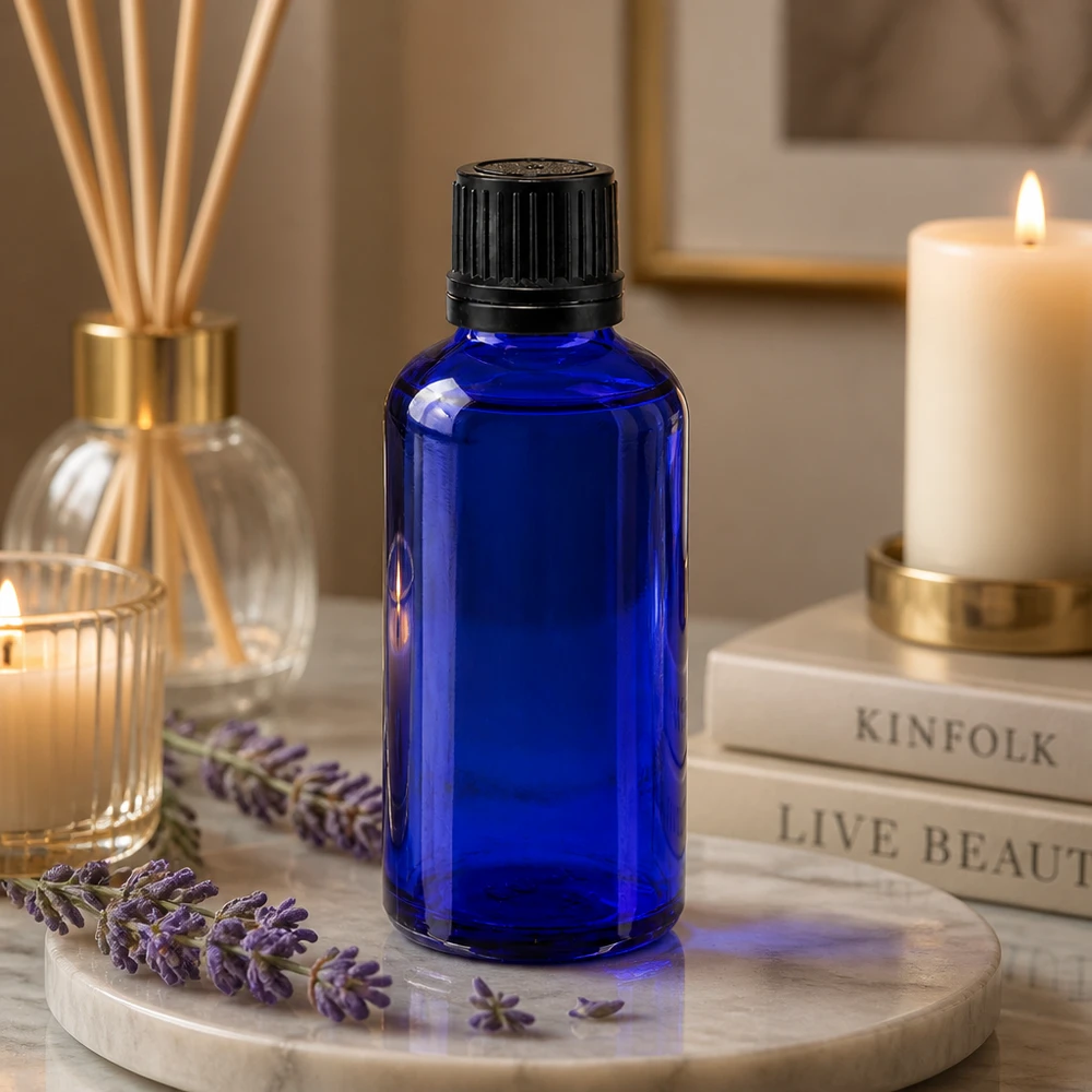 Lékárenská láhev modrá 50ml kapátko uzávěr nalévací kroužek 1mm černý tamper evidentní uzávěr. Blaue 50ml Glasflasche mit Originalitätsverschluss auf Marmortablett mit Lavendel