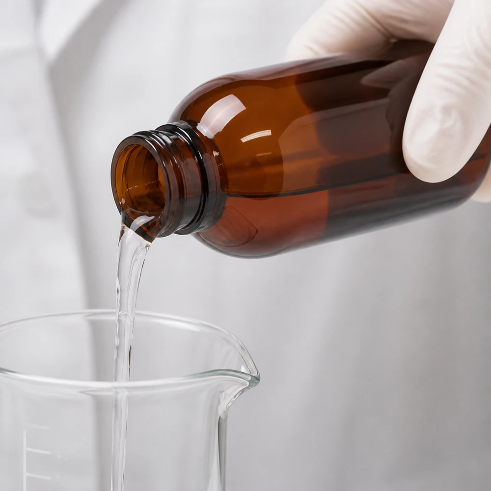 PET láhev 250ml s dávkovací pumpičkou bílá Abfüllvorgang im Labor mit klarer Flüssigkeit als Vorbereitung für 250ml PET Flasche mit Dispenserpumpe
