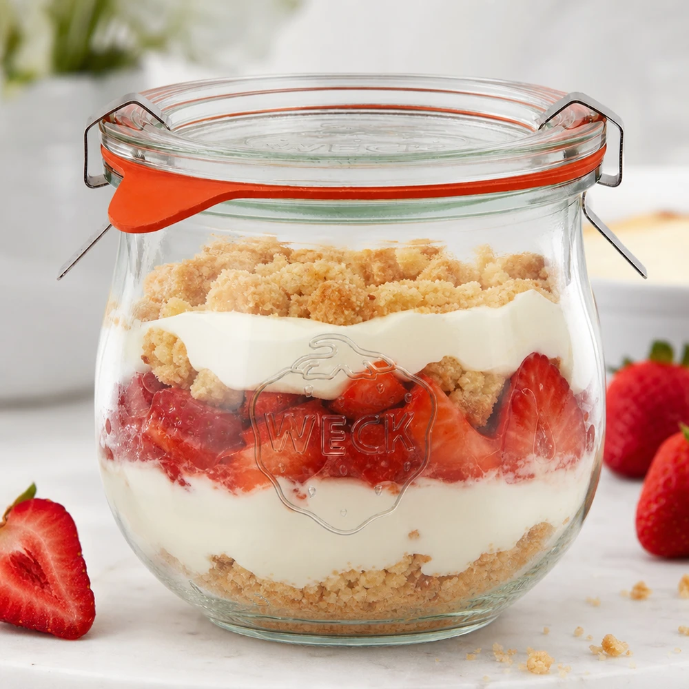 370ml tulipánová sklenice kompletní WECK RR80 WECK Tulpenglas 370ml RR80 als Dessertglas mit Erdbeeren und Streuseln gefüllt neben frischen Früchten