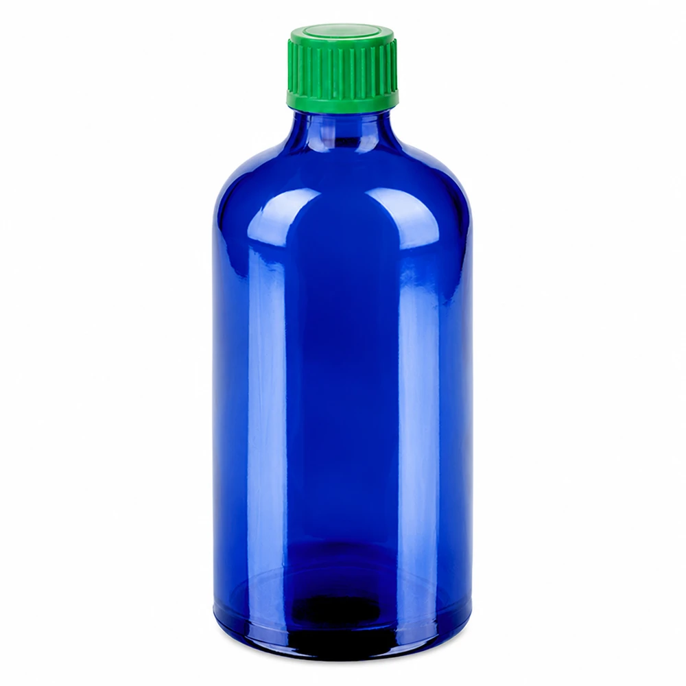 Pharmazeutische Tropfflasche 100ml blau mit grünem Tropfverschluss für Medikamente