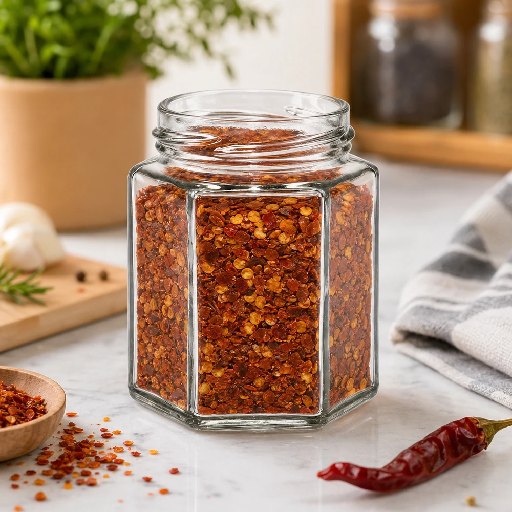 Šestihranná sklenice o objemu 196 ml bez víčka (TO58) UNiTWIST UNiTWIST Hexa196 sechseckiges Gewürzglas 196ml mit Chili-Flocken gefüllt auf Küchenarbeitsplatte