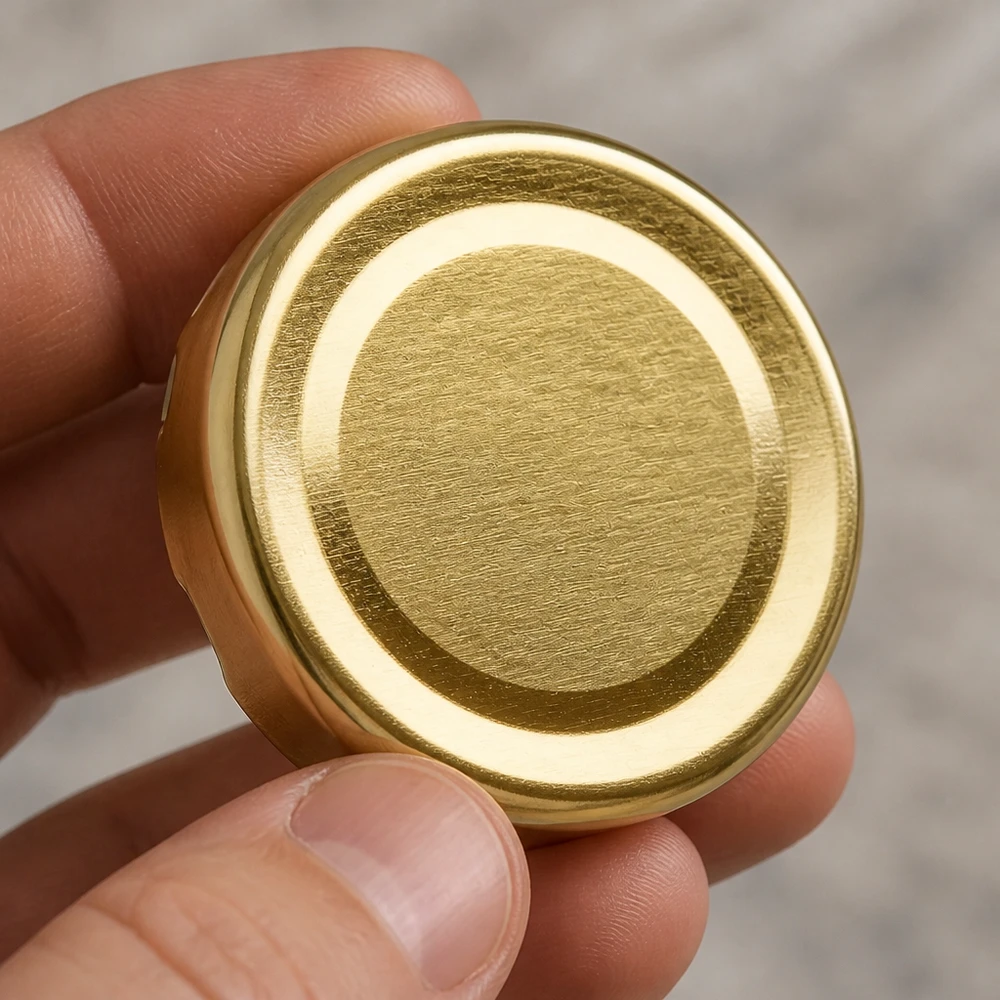 48mm víko BasicSeal zlaté (TO48) UNiTWIST Kulaté zlaté plechové víčko 48 mm TO48 BasicSeal UniTwist s úchytem pro prst – pohled shora