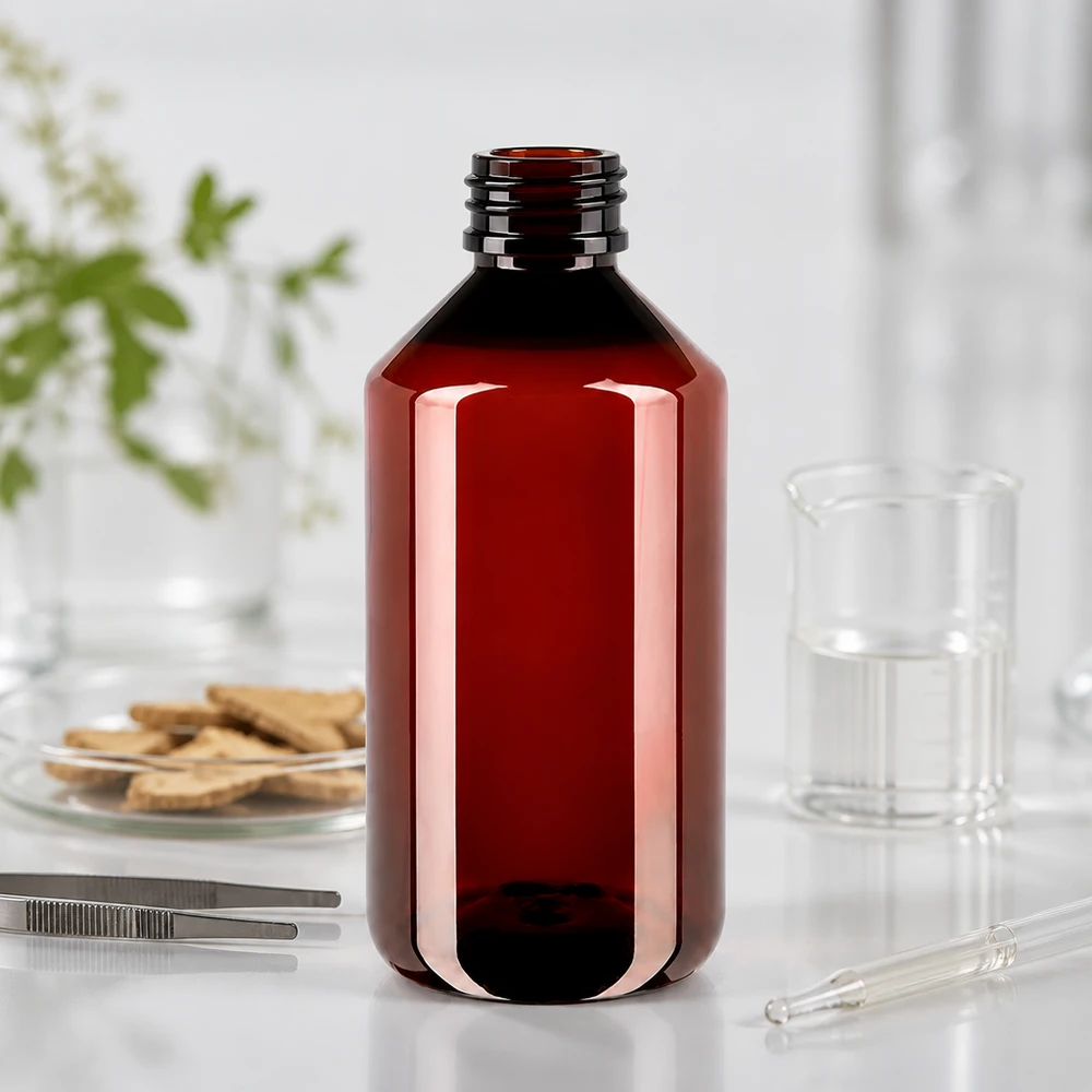 Jantarově zbarvená PET láhev o objemu 750 ml bez uzávěru vedle laboratorní pipety a kádinky
