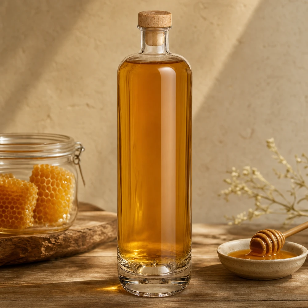 700ml Glasflasche "Eleganz" mit Holzgriffkorken UNiTWIST® 700ml Glasflasche Ella mit Honig gefüllt und Holzkorken neben Bienenwaben und Honiglöffel auf Holzuntergrund