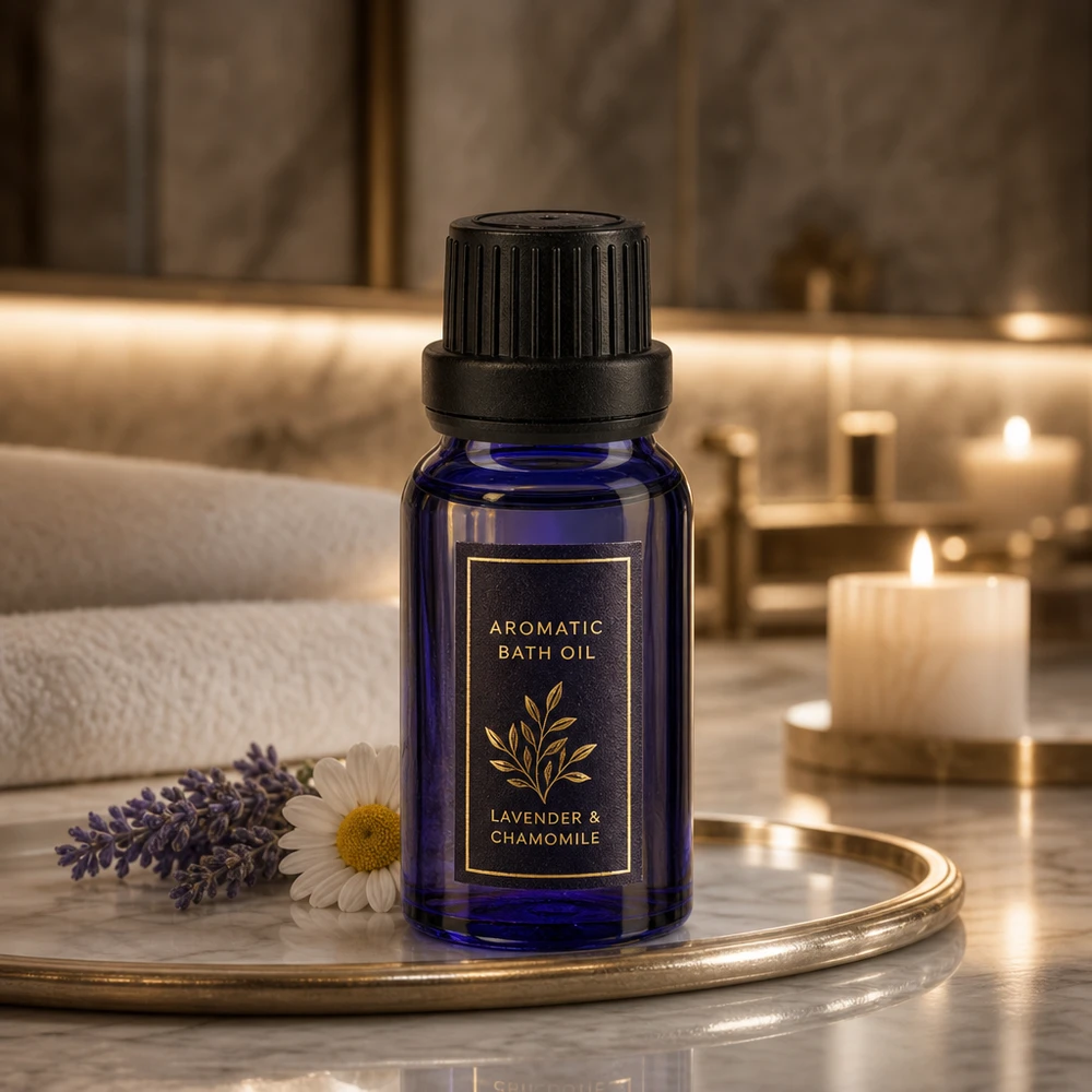 Kompakte blaue Tropfflasche aus Apothekenglas neben Lavendel und Kamilleblüten auf Marmor